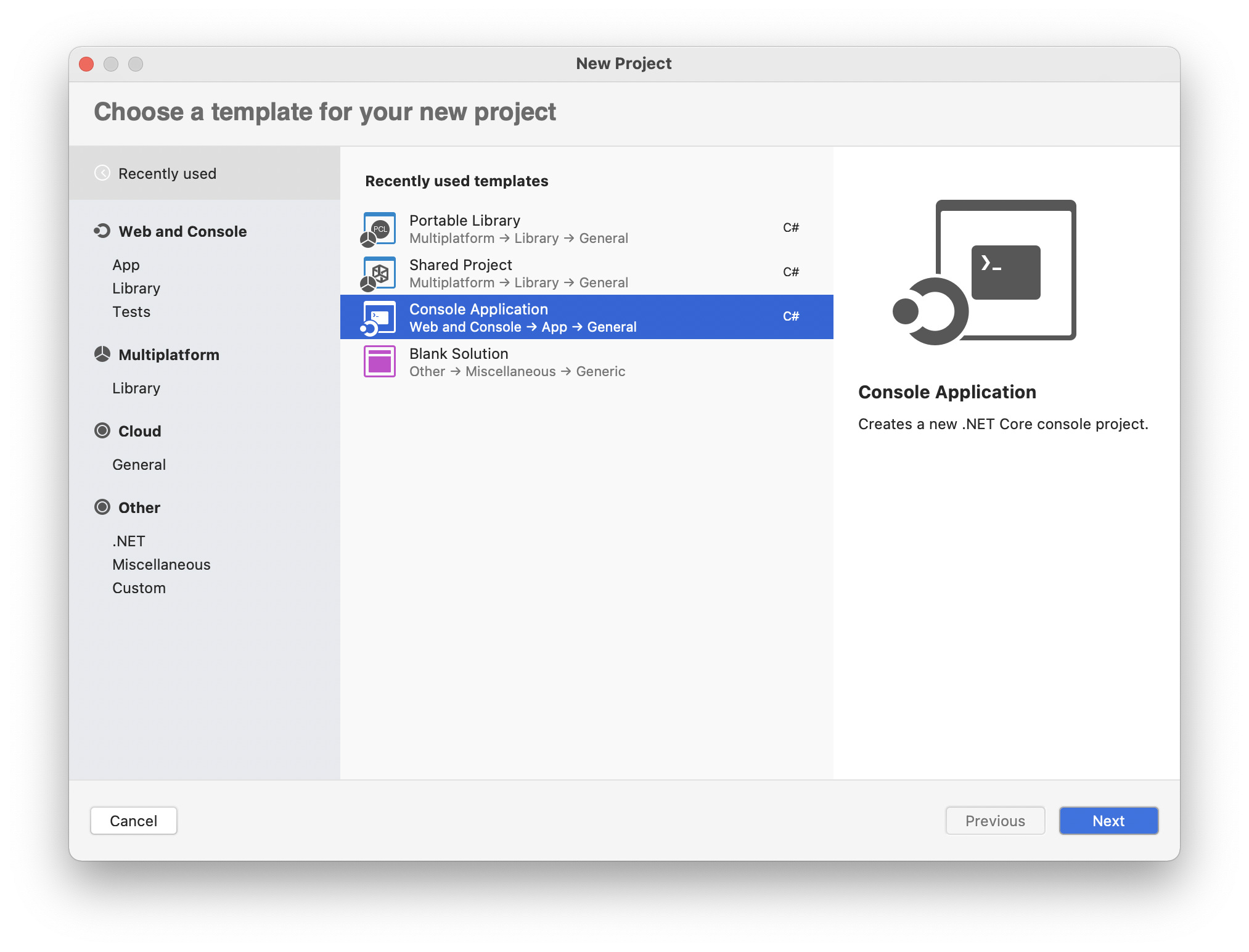 Console Project Selection Visual Studio Mac